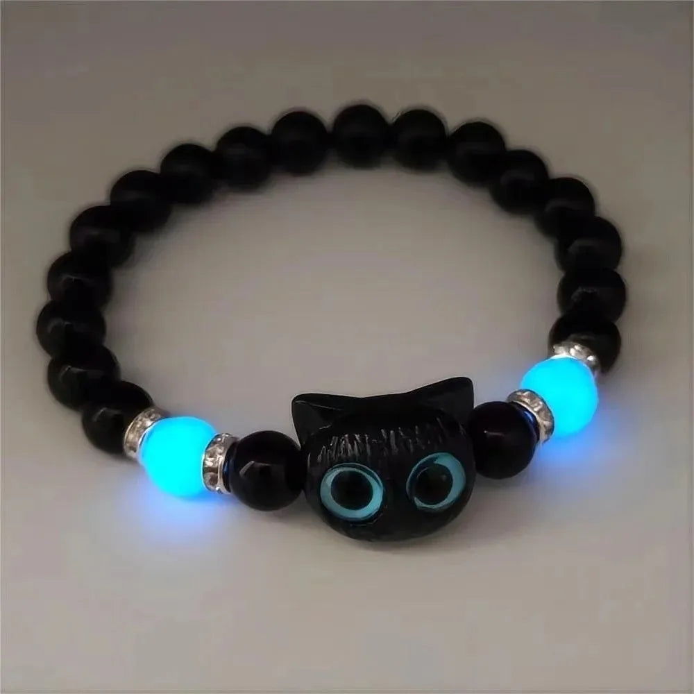 Matching Bracelets Couples Women Men Luminous Cute Cat Friendship Bracelete Black White Cat Head Bangles Glow in the Dark Gift