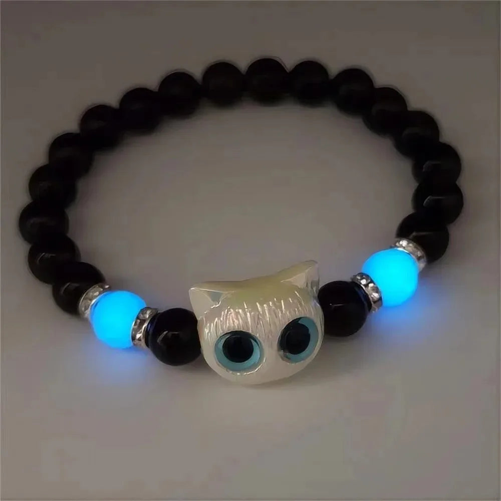 Matching Bracelets Couples Women Men Luminous Cute Cat Friendship Bracelete Black White Cat Head Bangles Glow in the Dark Gift