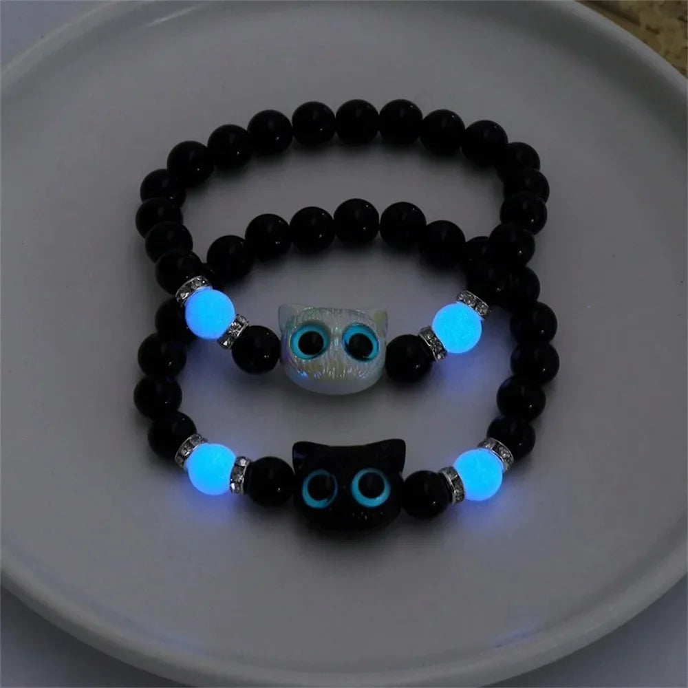 Matching Bracelets Couples Women Men Luminous Cute Cat Friendship Bracelete Black White Cat Head Bangles Glow in the Dark Gift