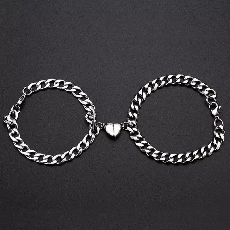 2Pcs/Set Magnet Couple Bracelets Heart Attraction Bracelet Stainless Steel Charm Simple Cuban Chains Key Lock Jewelry Gifts