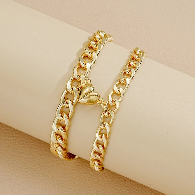 2Pcs/Set Magnet Couple Bracelets Heart Attraction Bracelet Stainless Steel Charm Simple Cuban Chains Key Lock Jewelry Gifts