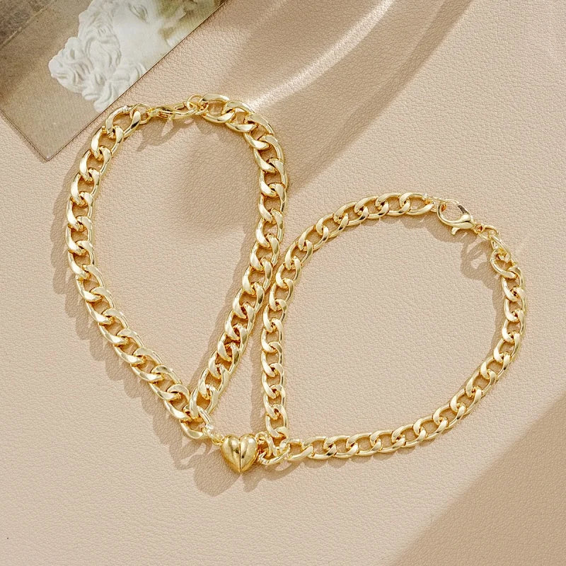 2Pcs/Set Magnet Couple Bracelets Heart Attraction Bracelet Stainless Steel Charm Simple Cuban Chains Key Lock Jewelry Gifts