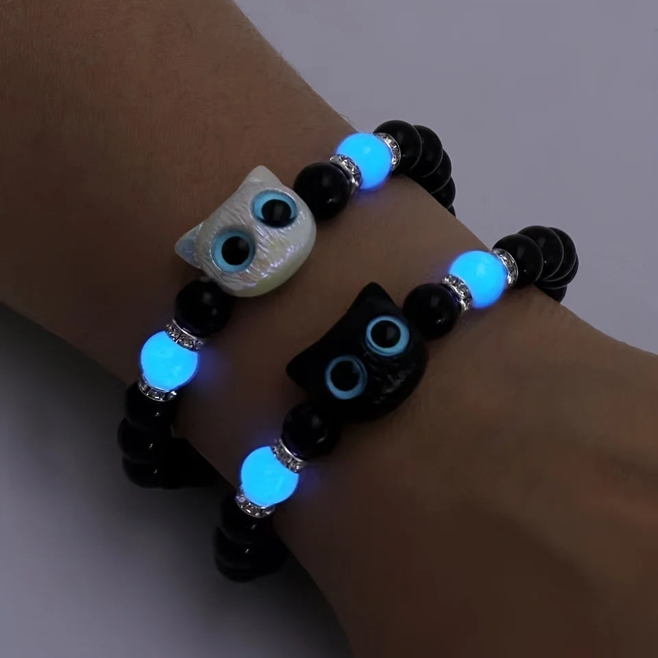 Matching Bracelets Couples Women Men Luminous Cute Cat Friendship Bracelete Black White Cat Head Bangles Glow in the Dark Gift